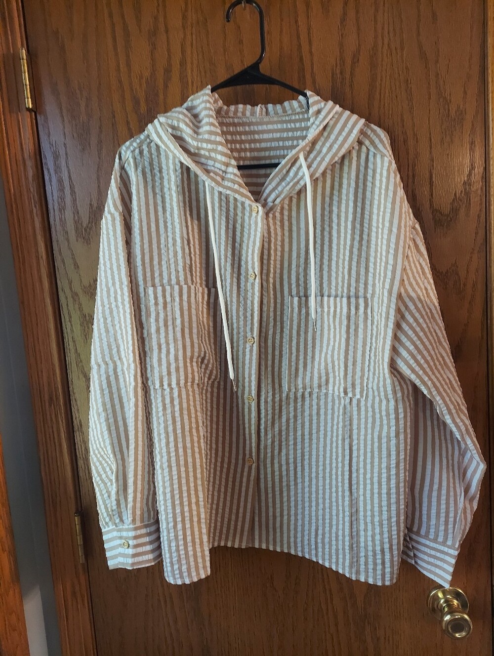 Vertical Striped Hooded Button Down Shirt Jacket Tan White 3XL